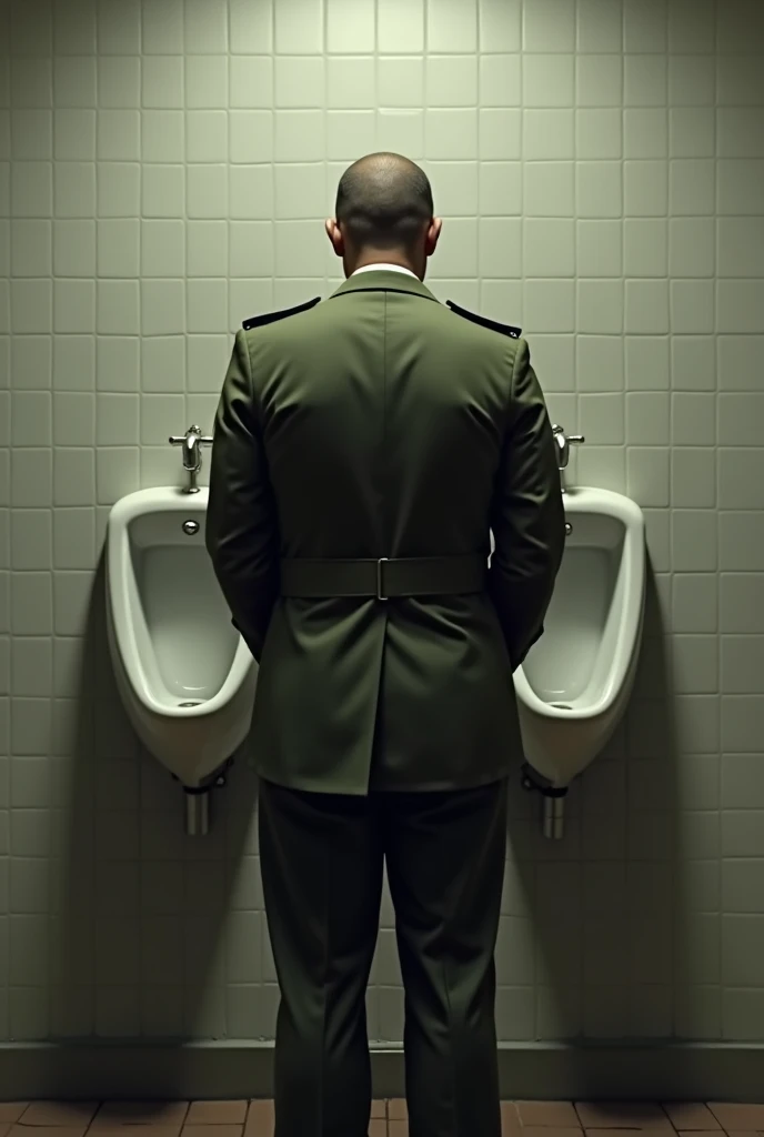 A uniformed soldier urinating in a wall urinal bowl. Epicrealism theme. View from behind 