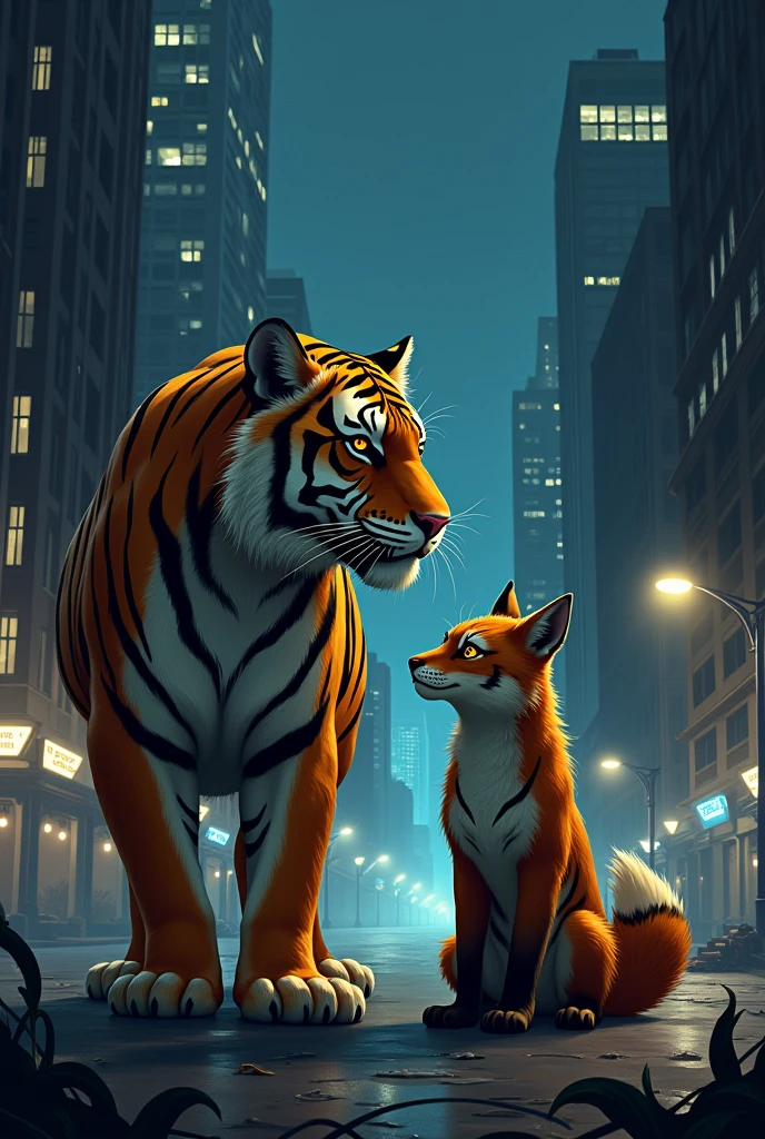 Tiger and fox with American city in night time with horrible light