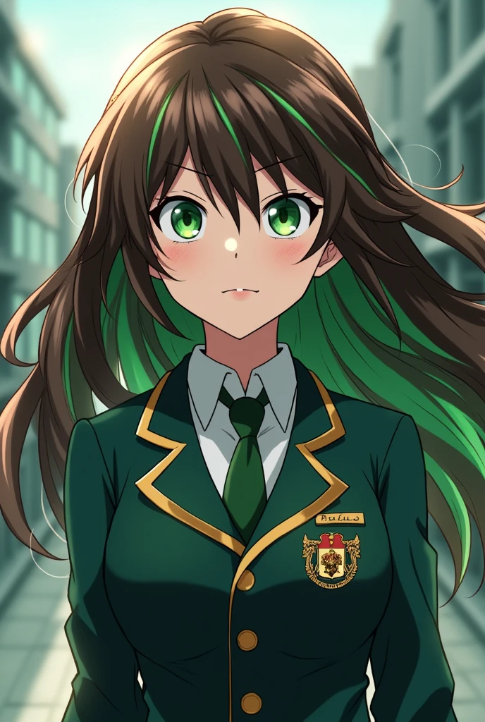 A character from my hero academia with long brown hair with green streaks and green eyes wearing a my hero academia uniform