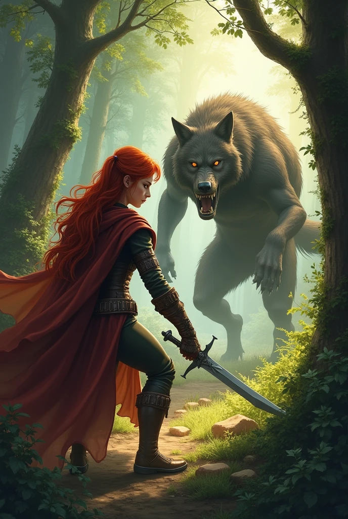 the little red-headed, pretty 25 year old girl sitting in the forest to killed the Werewolf