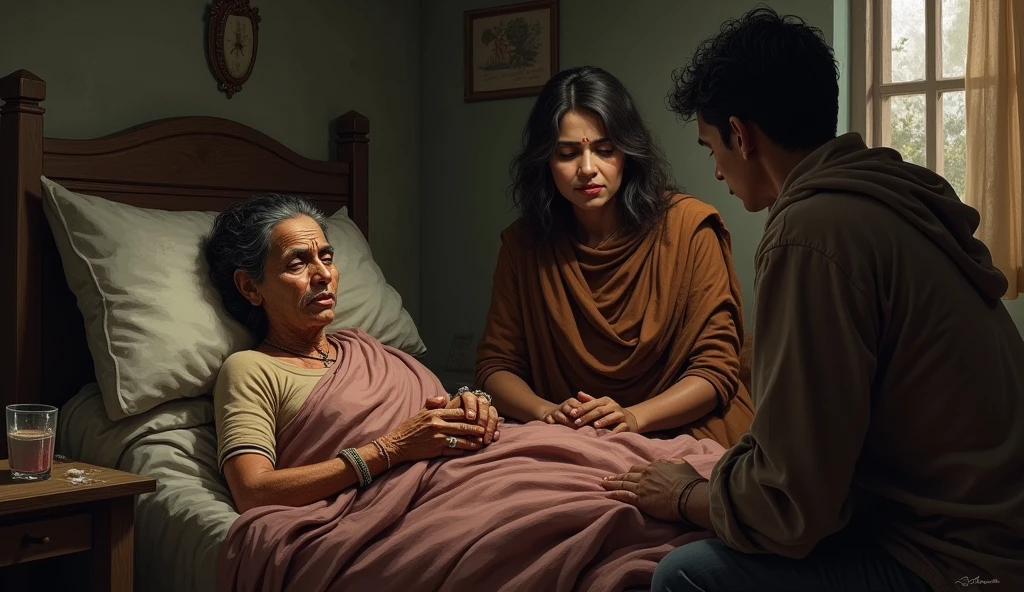 **Ramesh's mother lying sick in bed**, with a worried Ramesh and Sunita sitting beside her, trying to comfort her with limited resources.