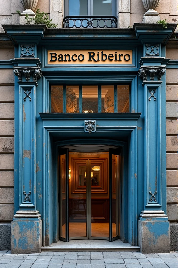 Old blue bank branch, with revolving door at the entrance, with a sign above the door saying “BANCO RIBEIRO”.