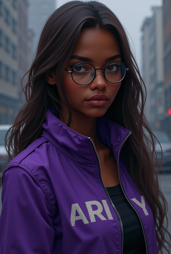 Dark skinned age girl with long brown hair and glasses wearing a purple jacket that says ARMY