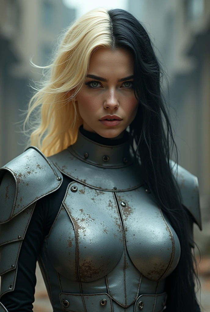 A woman with gray armor and with half blonde and half black hair
