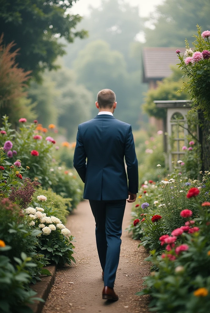 A groom walking backwards in the middle of a cottage garden. The photograph must be opaque. I need the photo to be opaque, so that you see the groom out of focus. THE GROOM NEEDS TO BE VERY OUT OF FOCUS, AND NOT FOCUSING ON IT