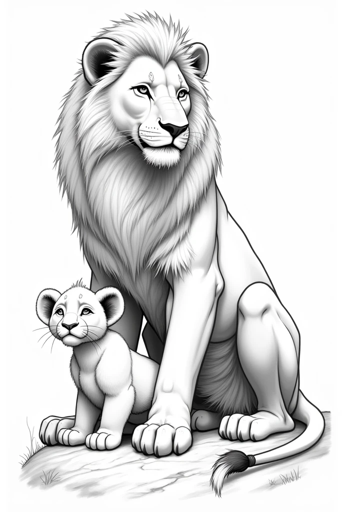black and white drawing to color, A Lioness and her Cub, not human