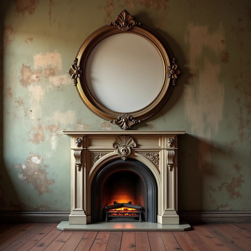 Wall with vintage style round picture with fireplace