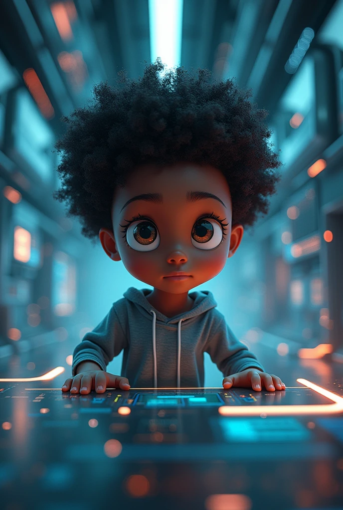 a dark-skinned boy with curly hair between the ages of 10 and 13, who is in a place surrounded by technology and is fascinated by it