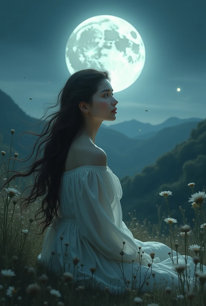 Beautiful girl Serene landscape outdoors nature full moon night dark