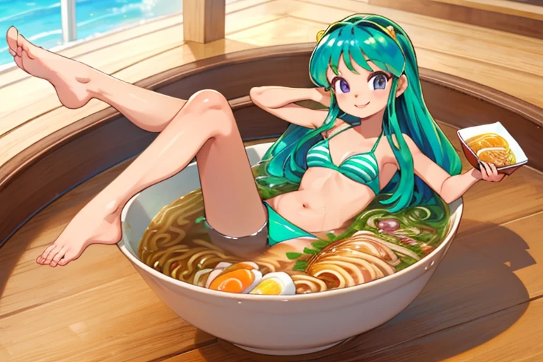 1girl,lum:1, lumlum, Miniature size girl in the ramen noodles, top quality, A girl soaking in ramen, very smile, Bikini Swimwear,ramengirl,raise leg,naked foot,