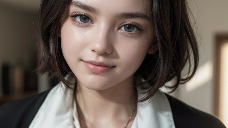 (Highest quality,8K quality,masterpiece:1.3),(Ultra-high resolution,Realistic:1.4,RAW Photos),(Very detailed,Caustics,Detailed Background),(Ultra-Realistic Capture,Fine and beautiful skin,Perfect Anatomy),School,18-year-old,cute,single eyelid,Black short bob,School Blazer Uniform,Looking into the camera,smile,Bust up shot,Natural soft light