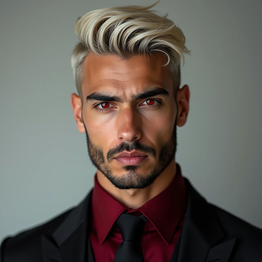 headshot of a very tall Arab-Egyptian featured male model, short platinum blond wavy layered extured swept back hair, long black stubble, lithe body, brown skin, vibrant red eyes, tall toned body. Professional expression. Wearing dark red and black clothes.