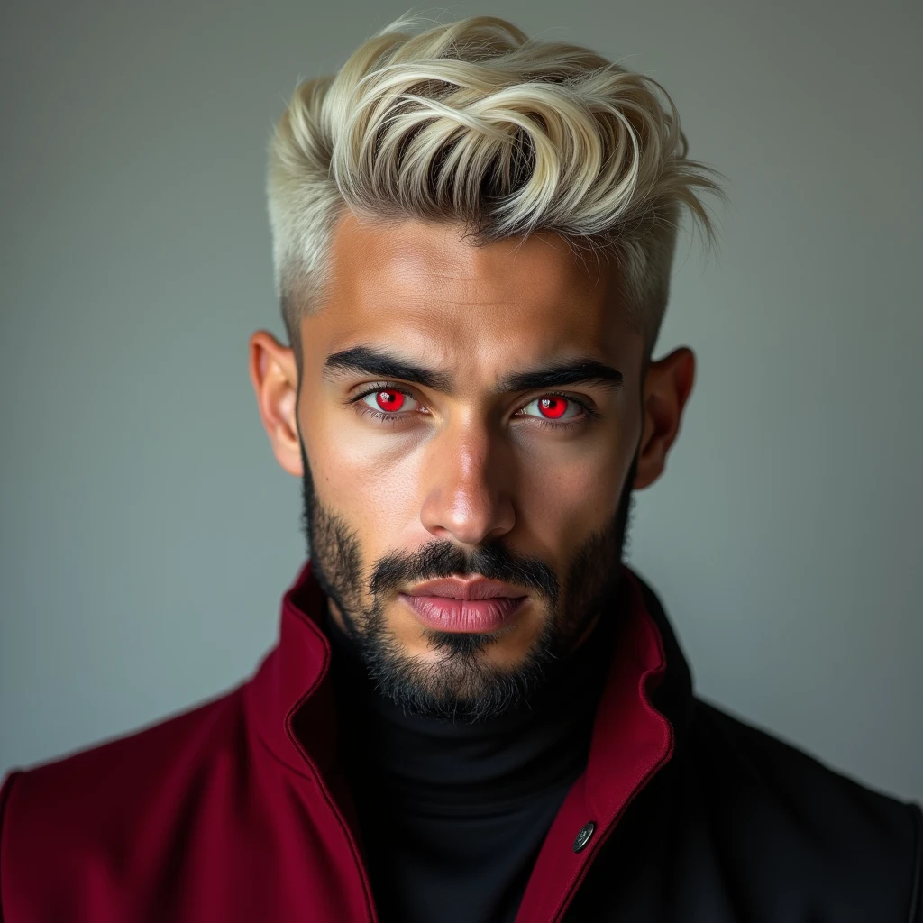 headshot of a very tall Arab-Egyptian featured male model, short platinum blond wavy layered extured swept back hair, long black stubble, lithe body, brown skin, vibrant red eyes, tall toned body. Professional expression. Wearing dark red and black clothes.