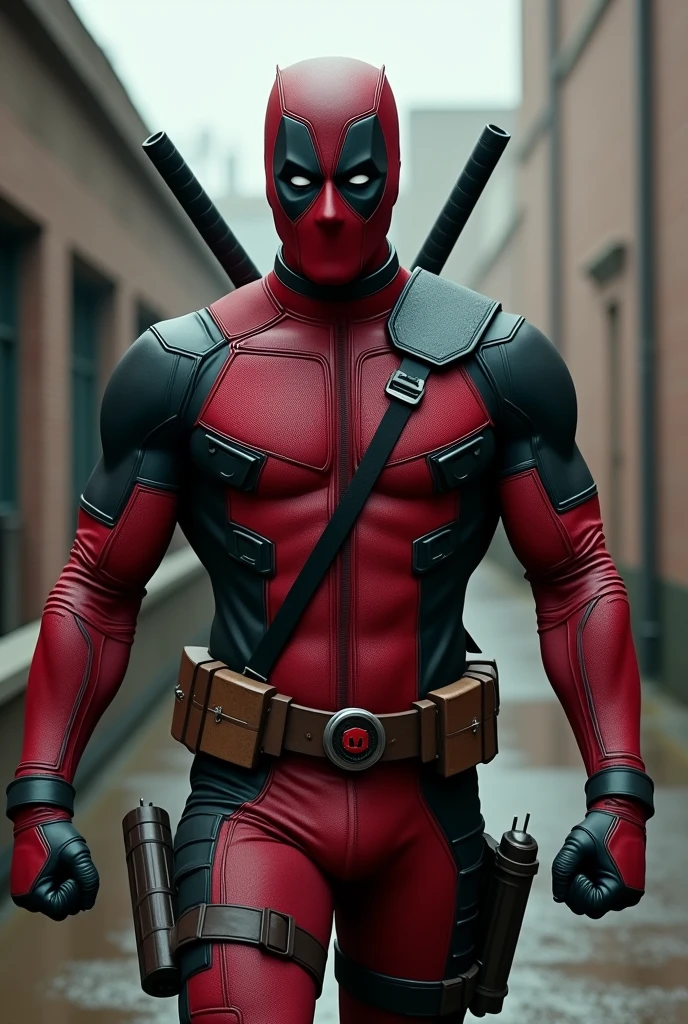 A man wearing a Deadpool suit but without the mask