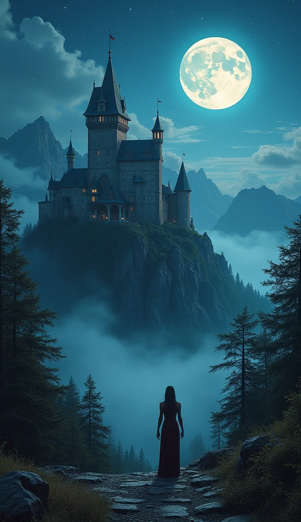 High-quality realistic acrylic art, vivid colors, Hot animated milf.a castle sitting on the mountain surrounding by the trees, foggy, dark night, moon and clear sky, (masterpiece),((ultra-detailed)), (highly detailed CG illustration),(expressionless), (best quality:1.2), High quality texture, intricate details, detailed texture, High quality shadow,