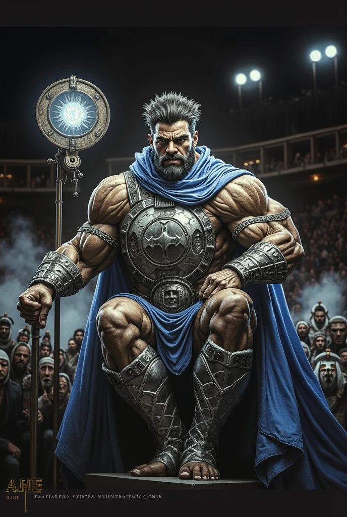 The arena falls silent as the mighty Ares steps forth, his muscular form casting an imposing shadow. His eyes burn with the intensity of a thousand battles as he scans the crowd, daring any challenger to face him. With a thunderous roar, he raises his fists, ready to unleash his fury upon any foolish enough to stand against him.