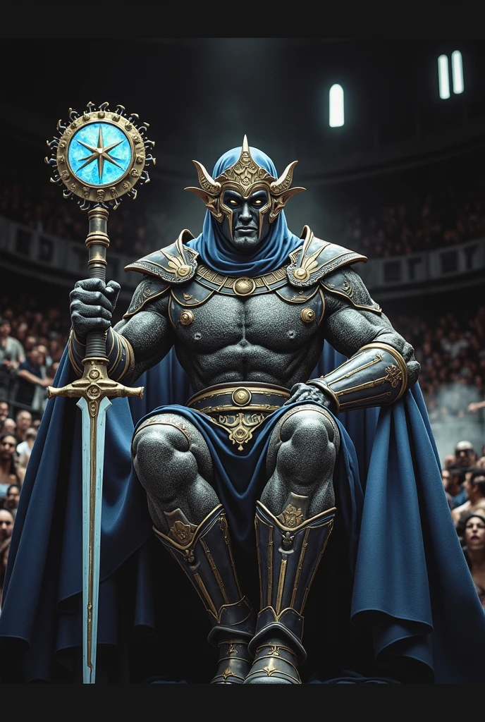 The arena falls silent as the mighty Ares steps forth, his muscular form casting an imposing shadow. His eyes burn with the intensity of a thousand battles as he scans the crowd, daring any challenger to face him. With a thunderous roar, he raises his fists, ready to unleash his fury upon any foolish enough to stand against him.