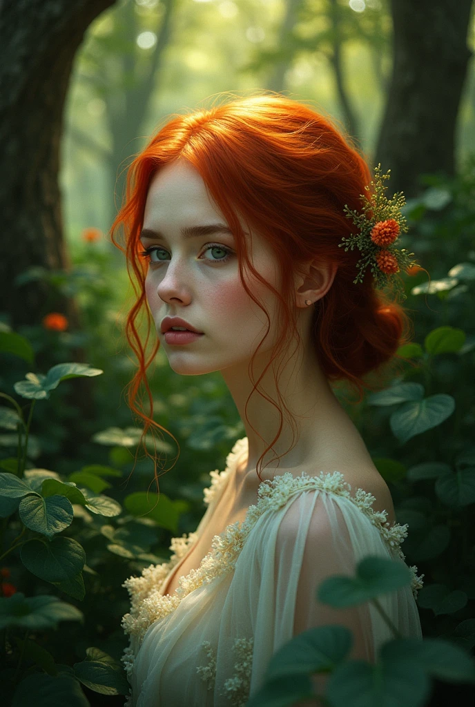 intricate detailed portrait of a beautiful young woman with red hair, delicate facial features, pale skin, sensitive expression, sitting in a lush green forest, dramatic lighting, cinematic composition, mystical atmosphere, fantasy, ethereal, painterly, warm color palette, magical realism