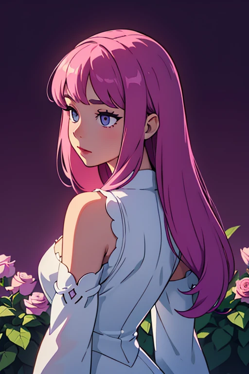 (masterpiece:1.2), Best Quality, (illustration:1.2), (ultra detailed), hyper details, (delicate detailed), (intricate details), (cinematic light, Best Quality Backlights), Delete line, soloist, perfect body, (1 girl), stylized artwork, purple and pink theme, girl, Purple long hair, white empty eyes, pink top, pink roses, see through skeleton overlay, foliage, leaves, Watercolor splash (make up), high contrast, (better lighting, an extremely created and beautiful), (cinematic light), showy,