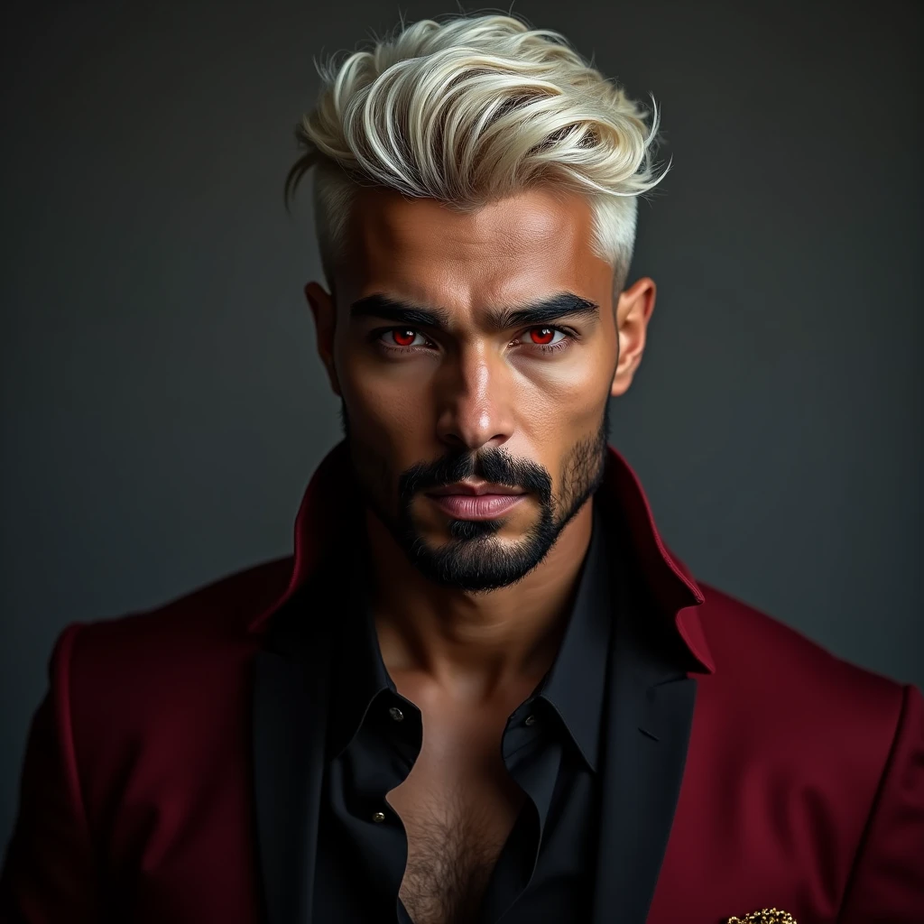 Photograph headshot of a very tall Arab-Egyptian featured male model, short platinum blond wavy layered textured swept back hair, long black stubble, lithe body, brown skin, vibrant red eyes, tall toned body. Professional expression. Wearing dark red and black clothes.