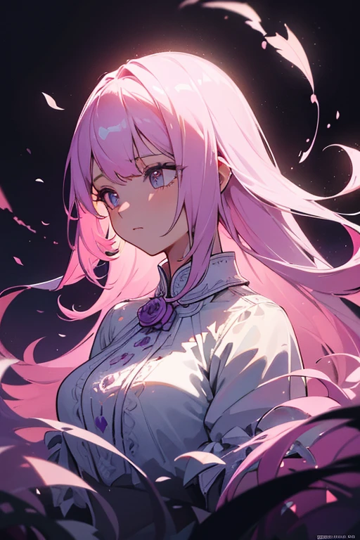 (masterpiece:1.2), Best Quality, (illustration:1.2), (ultra detailed), hyper details, (delicate detailed), (intricate details), (cinematic light, Best Quality Backlights), Delete line, soloist, perfect body, (1 girl), stylized artwork, purple and pink theme, girl, Purple long hair, white empty eyes, pink top, pink roses, see through skeleton overlay, foliage, leaves, Watercolor splash (make up), high contrast, (better lighting, an extremely created and beautiful), (cinematic light), showy,