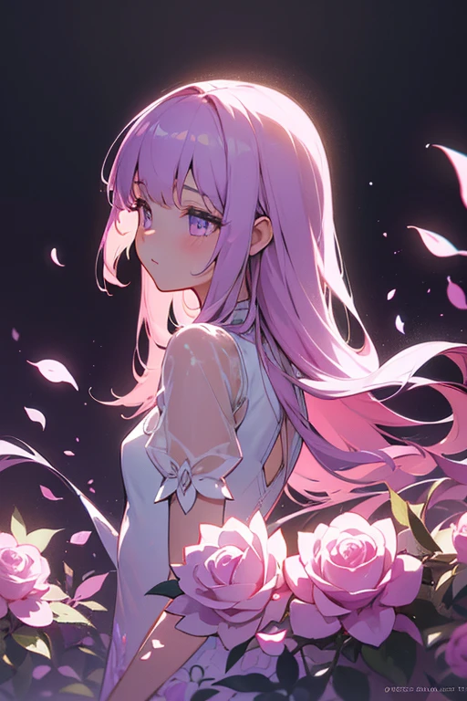 (masterpiece:1.2), Best Quality, (illustration:1.2), (ultra detailed), hyper details, (delicate detailed), (intricate details), (cinematic light, Best Quality Backlights), Delete line, soloist, perfect body, (1 girl), stylized artwork, purple and pink theme, girl, Purple long hair, white empty eyes, pink top, pink roses, see through skeleton overlay, foliage, leaves, Watercolor splash (make up), high contrast, (better lighting, an extremely created and beautiful), (cinematic light), showy,