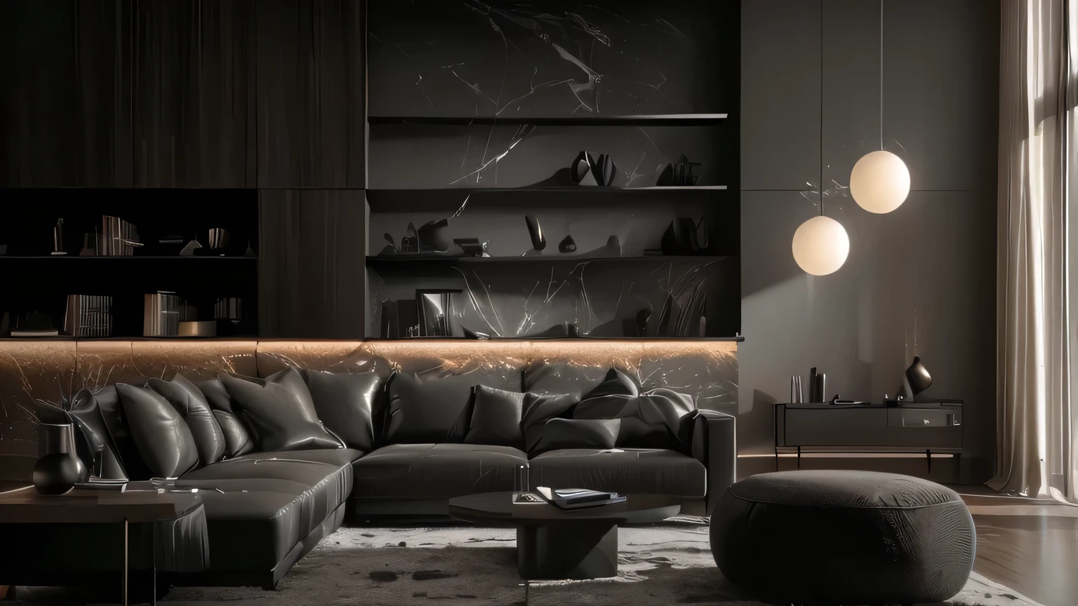 arafed living room with a large sectional couch and a coffee table, dark interior, dark and modern, luxury hd render, dramatic lighting render, cinematic lighting + masterpiece, cinematic accent lighting, vray 8k render, cinematic mood lighting, moody ambiance, detailed cinematic render, photorealistic cinematic render, 8k vray render, rich cinematic atmosphere