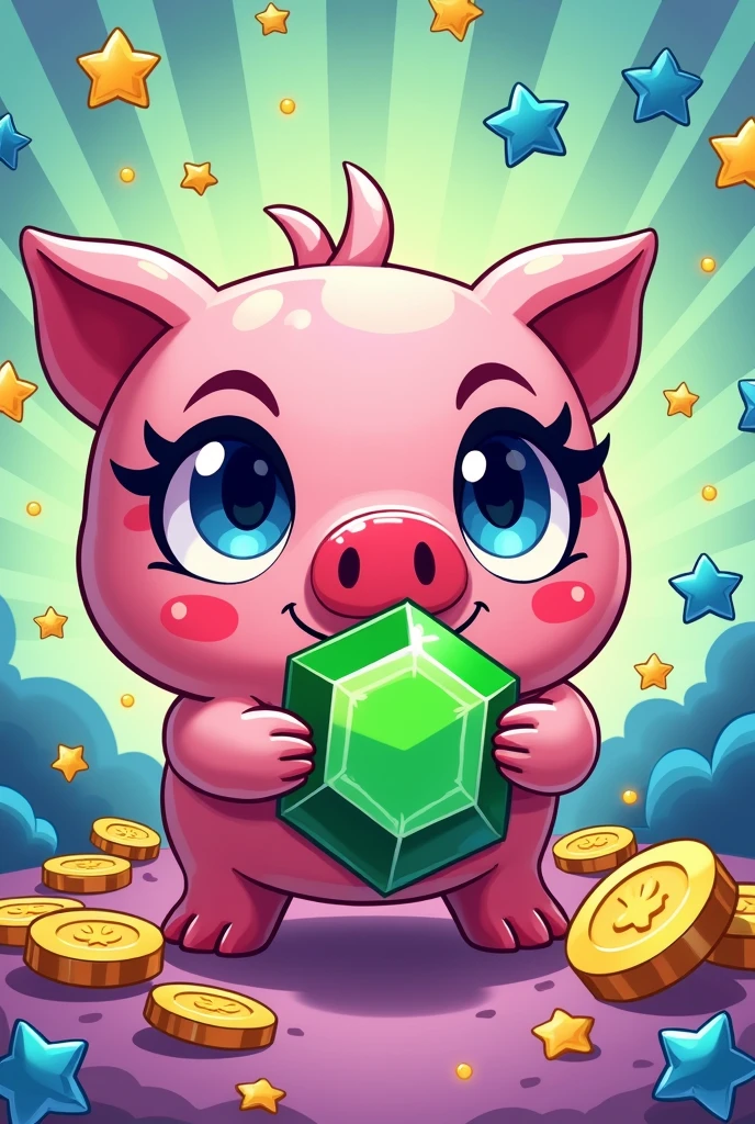 I want you to make a comic-style design of the Brawl Stars mega piggy bank like Spider-Man's: Across the Spider-Verse and put Cold Challenge and Shelly Star's new version with gems, glitter and gold, I don't want the pig, I want the mega piggy bank and the two brawlers already mentioned before, no spiders. put green game gems, gold coins and bling, also make the pig cute, Okay but put the pig hugging a big green gem from the brawl stars game and make the cute pig very cute and small that looks tender with big and shiny eyes like envy of inside out 2 but keeping the style of brawl tsras and pastel pink color with blue eyes and yellow stars in the background. put cold brawl stars competitor and shelly star her recolor, Make her a more adorable woman with shiny eyelashes and eyes
