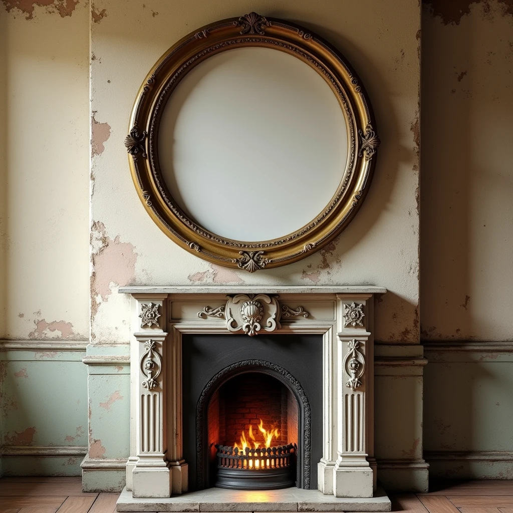 Wall with vintage style round picture with fireplace