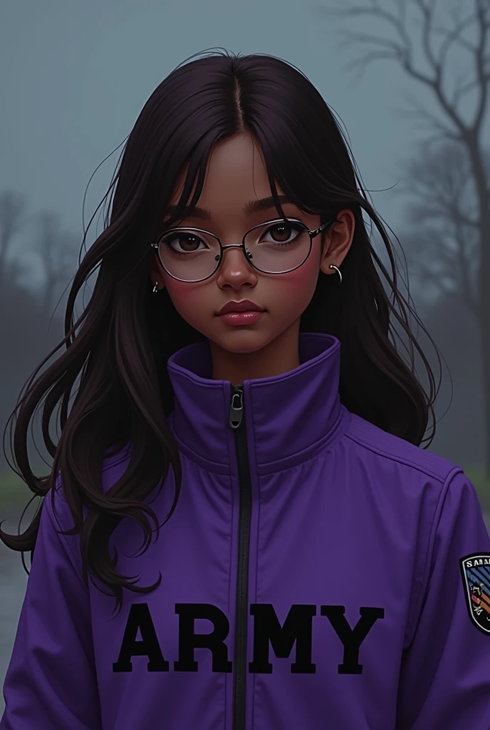 Dark skinned age girl with long brown hair and glasses wearing a purple jacket that says ARMY