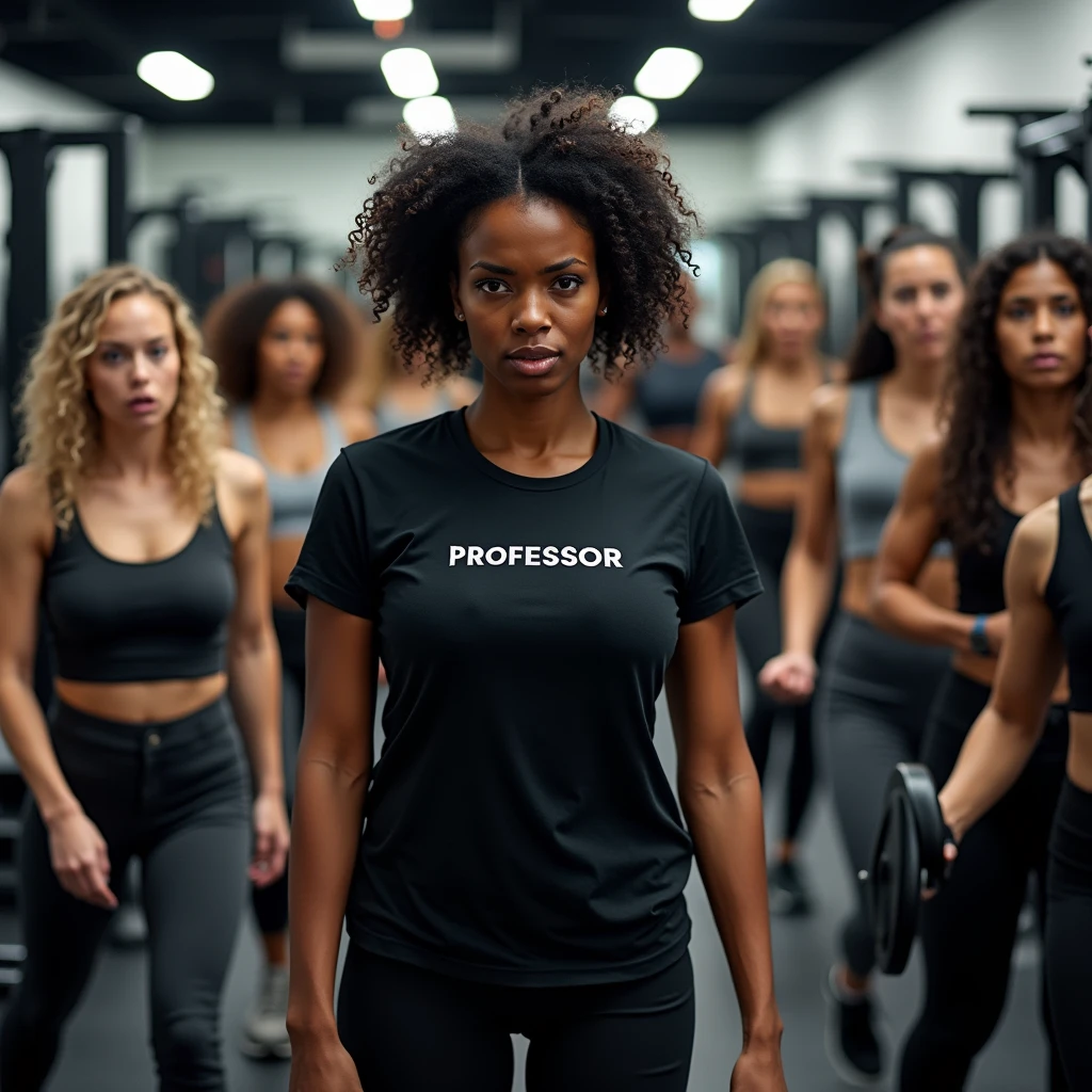 “A bustling gym with various exercise machines visible, including bench press, rowing machine, free weights, and leg press. The room is filled with students, both men and women, actively working out. In the middle of the aisle stands the gym instructor, a 24-year-old Black Brazilian woman with curly hair and a physique that reflects an active fitness lifestyle. She is wearing a black t-shirt with ‘PROFESSOR’ in the center. The instructor looks furious and overwhelmed, as the gym is overcrowded with students. Surrounding her are four women, two on each side: one blonde, one brunette, one Asian, and one Hispanic. Each is angrily complaining and demanding assistance, adding to the instructor’s stress. The image should be captured in ultra-realistic quality using high-end professional cameras and lenses, such as the Canon EOS R5 with an RF 50mm f/1.2L lens, to ensure sharp details and impressive realism. The photo should capture the intense atmosphere of the gym and the heightened emotions of the instructor and the four women.”