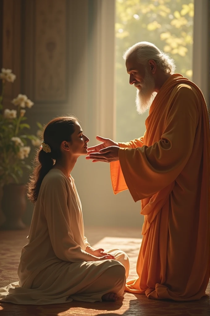 a women sitting down in a and a sant give him bless his hands out a positive energy on womens head
