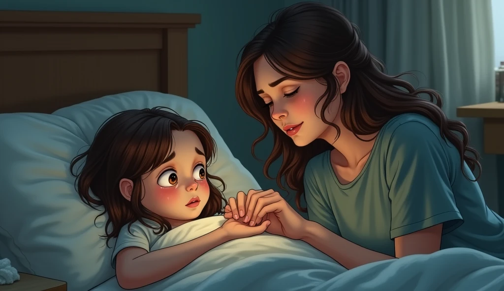 A young girl lies in bed with a pale face, her eyes showing a mix of fatigue and worry as tears well up. A mother sits beside her, holding her hand gently with a warm, reassuring expression. The room is quiet and softly lit, with a damp cloth and medicine bottle on the nightstand, indicating recent care. The mother's grip on the girl's hand is firm yet comforting, providing emotional support during her illness.