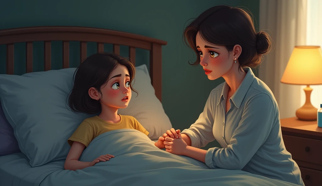 A young girl lies in bed with a pale face, her eyes showing a mix of fatigue and worry as tears well up. A mother sits beside her, holding her hand gently with a warm, reassuring expression. The room is quiet and softly lit, with a damp cloth and medicine bottle on the nightstand, indicating recent care. The mother's grip on the girl's hand is firm yet comforting, providing emotional support during her illness.

