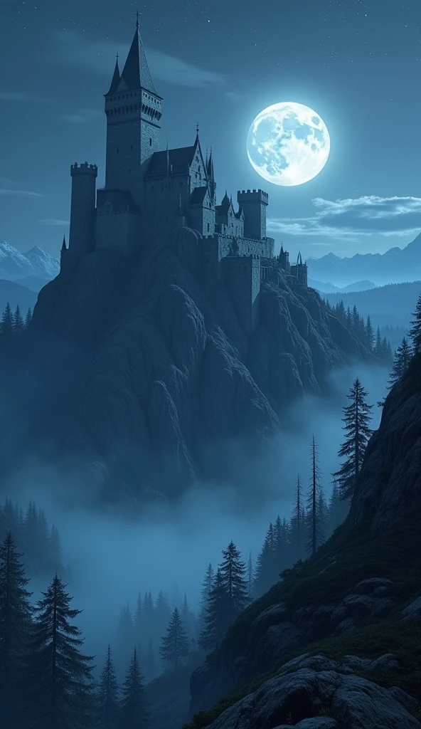 a castle sitting on the mountain surrounding by the trees, foggy, dark night, moon and clear sky, (masterpiece),((ultra-detailed)), (highly detailed CG illustration),(expressionless), (best quality:1.2), High quality texture, intricate details, detailed texture, High quality shadow,