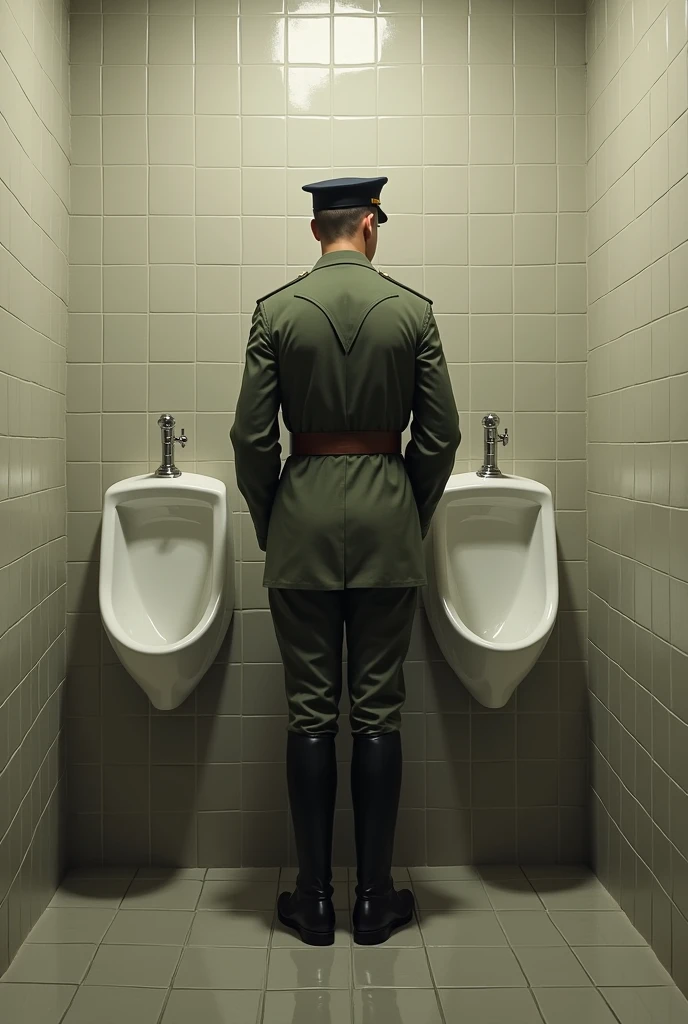 A uniformed soldier urinating in a wall urinal bowl. Epicrealism theme. View from the side, sides and back