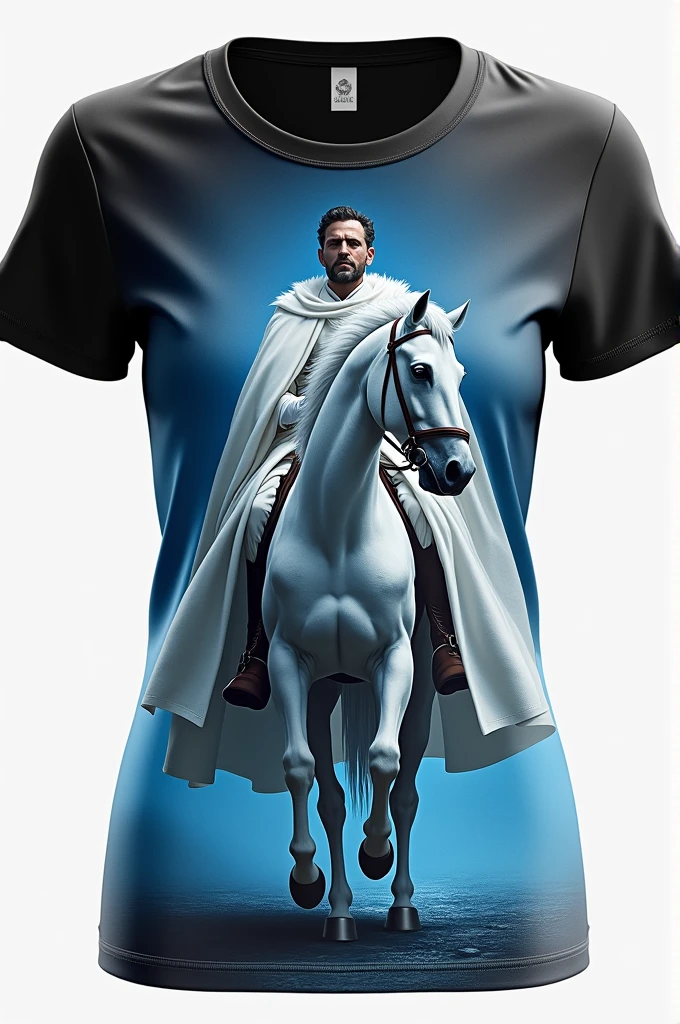 Create a black and sky blue women's shirt with the image of a king. Dressed in a white robe down to the feet riding a white horse