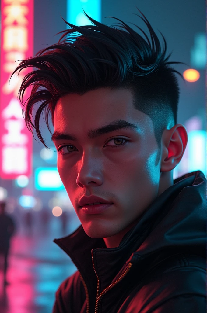 Change background cyberpunk handsome boy, realistic face, 8k, ultra realistic