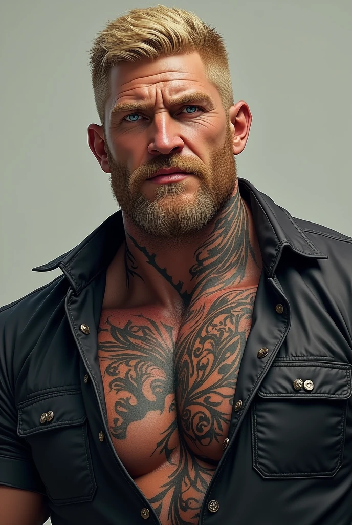 27 year old, 1,83 blond, blue colored eyes, Cao Cao, chunky, There is a very large scar on the neck, short blonde hair, gray eyes and has a very large tattoo from the base of the ear to the collarbone
