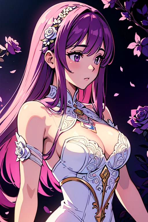 (masterpiece:1.2), Best Quality, (illustration:1.2), (ultra detailed), hyper details, (delicate detailed), (intricate details), (cinematic light, Best Quality Backlights), Delete line, soloist, perfect body, (1 girl), stylized artwork, purple and pink theme, girl, Purple long hair, white empty eyes, pink top, pink roses, see through skeleton overlay, foliage, leaves, Watercolor splash (make up), high contrast, (ter lighting, an extremely created and beautiful), (cinematic light), showy,