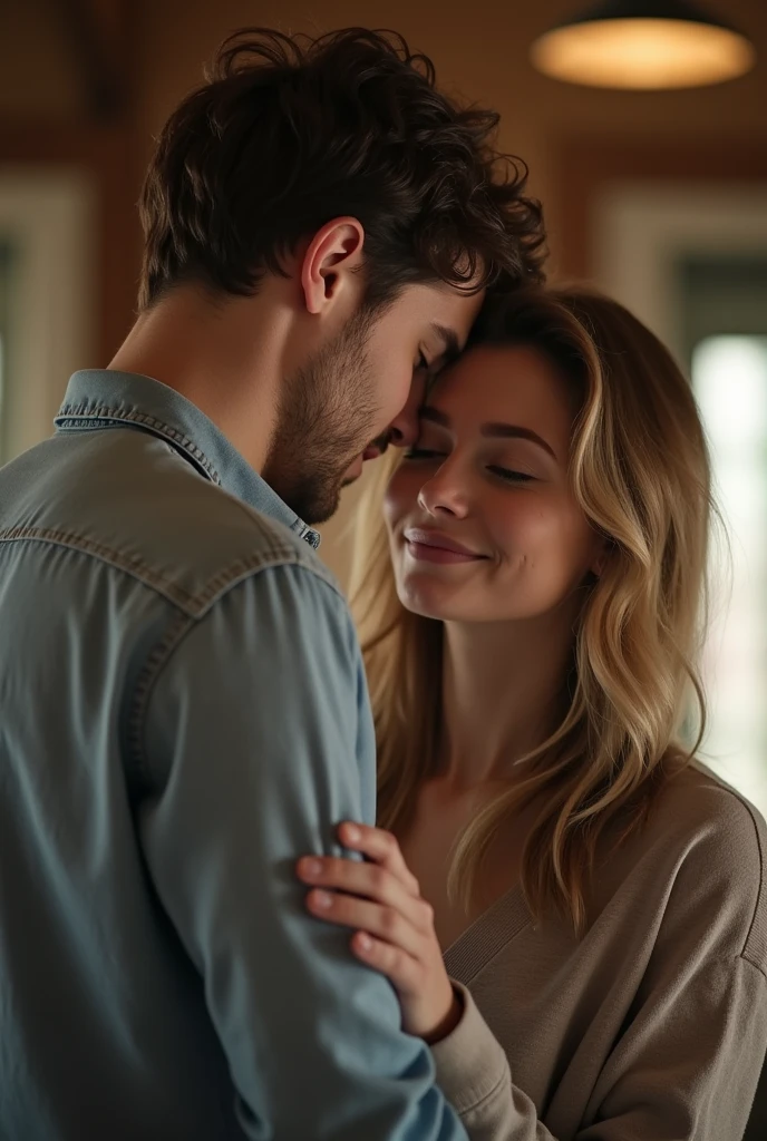 Intimate, high-quality side view photograph of a (man:1.2) and a (woman:1.2) in the (living room:1.1), (dramatic lighting:1.1), the woman is sitting on her man's lap, romantic, passionate, intricately detailed, the girl in panties and loose sweatshirt, (smile:1.2),  (drenched:1.1) with (shimmering:1.1), (sensual:1.1), dark room, Sony Alpha 7R IV camera, digital photograph, f/2.8 lens, warm tones, creamy bokeh, hyper-realistic lifelike texture, trending on social media