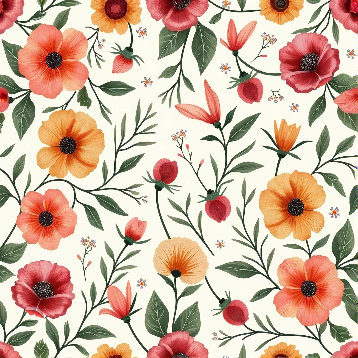 Create a seamless floral flower pattern with detailed botanical elements such leaves, and vines, using a vintage or watercolor style --tile-s750