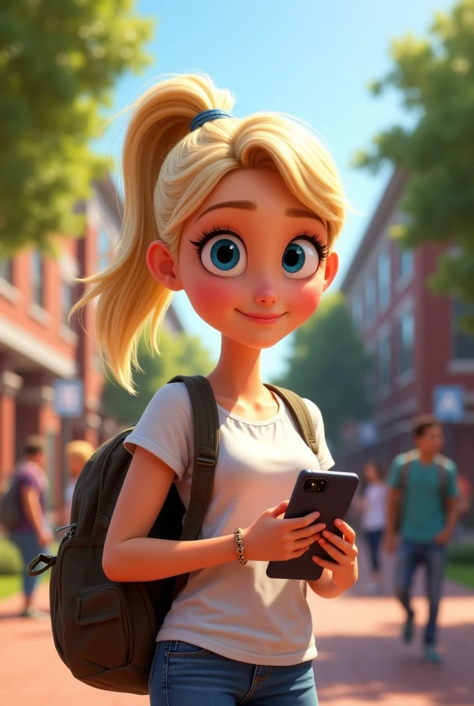 Create what the character Riley from Inside Out 2 would look like if she was in college. Remember that Riley is blonde and wears a ponytail., has a device, and light blue eyes