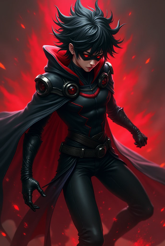 **hair**: I might have dark, messy hair, with pointed tips resembling flames or shadows, giving it a dynamic and powerful look. **CLOTHES**: He would wear a long, dark cloak, maybe with red details, that floats dramatically around him. stylized in the shoulders and arms. **Accessories**: I could wear a pair of gloves with shiny details, and maybe a mask that covers part of your face, adding a mysterious air. . **Posture**: I would be in a pose of action power or controlling dark elements. . **bottom**: A dark background or red and black tones, that highlights the contrast with the character, giving a feeling of intensity and strength. He is young however he is about to defeat a blonde girl