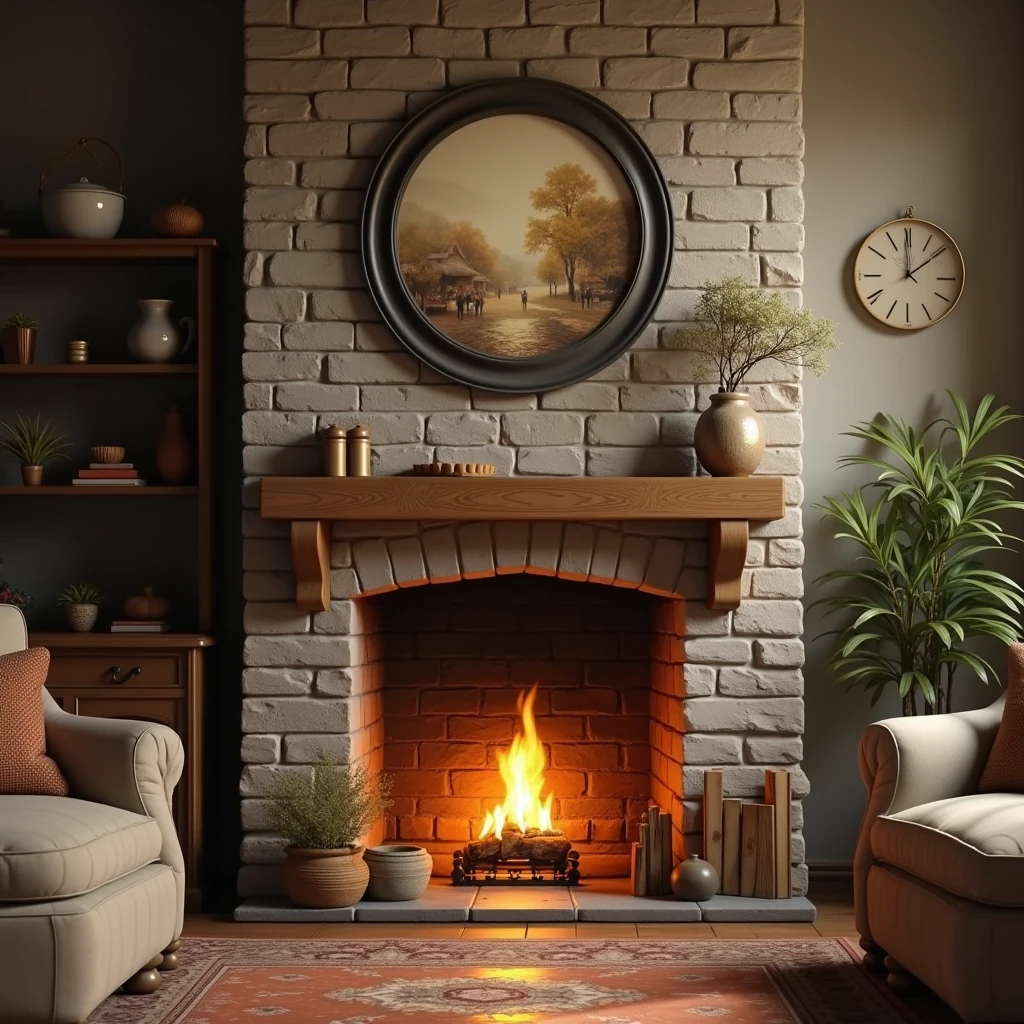 Wall with small round vintage style picture with fireplace