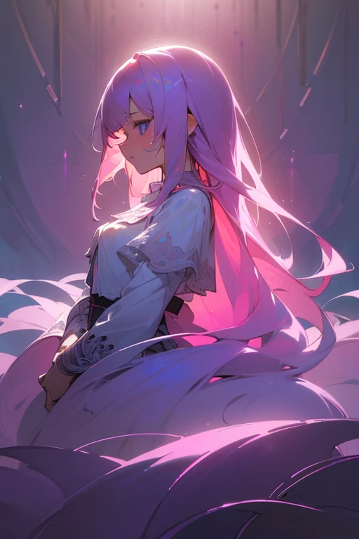 A cute girl with Navy blue eyes and pink silver silky hair with a royal etire single girl masterpiece gorsous