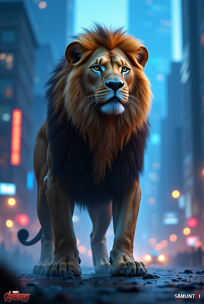 Lion in the Avengers city in night time with blue light