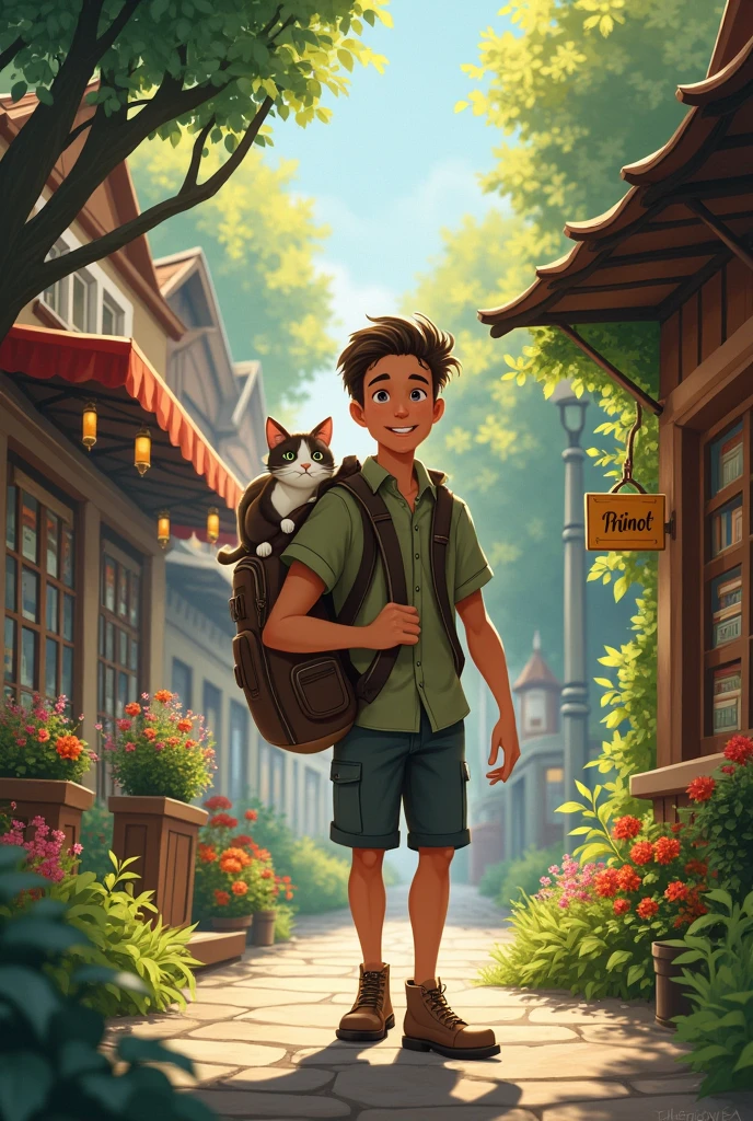 Max walks through the city with the cat in his backpack, as they explore places Max had never noticed before.: a hidden park, a magical bookstore, a flower stand. Max smiles, enjoying the trip.