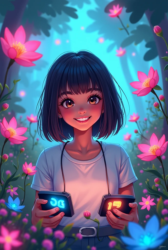 Cartoon, trans girl, light brown skin, neck-length straight black hair, with bangs, with a big smile, flowers, magic, fun, electronic games