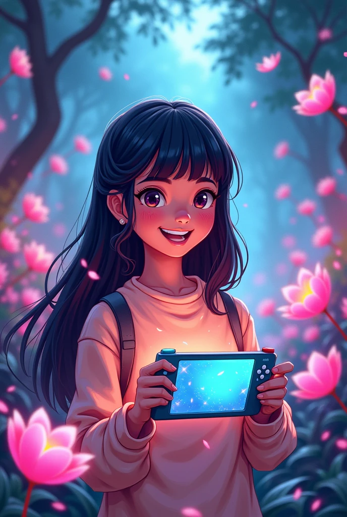 Cartoon, trans girl, light brown skin, neck-length straight black hair, with bangs, with a big smile, flowers, magic, fun, electronic games